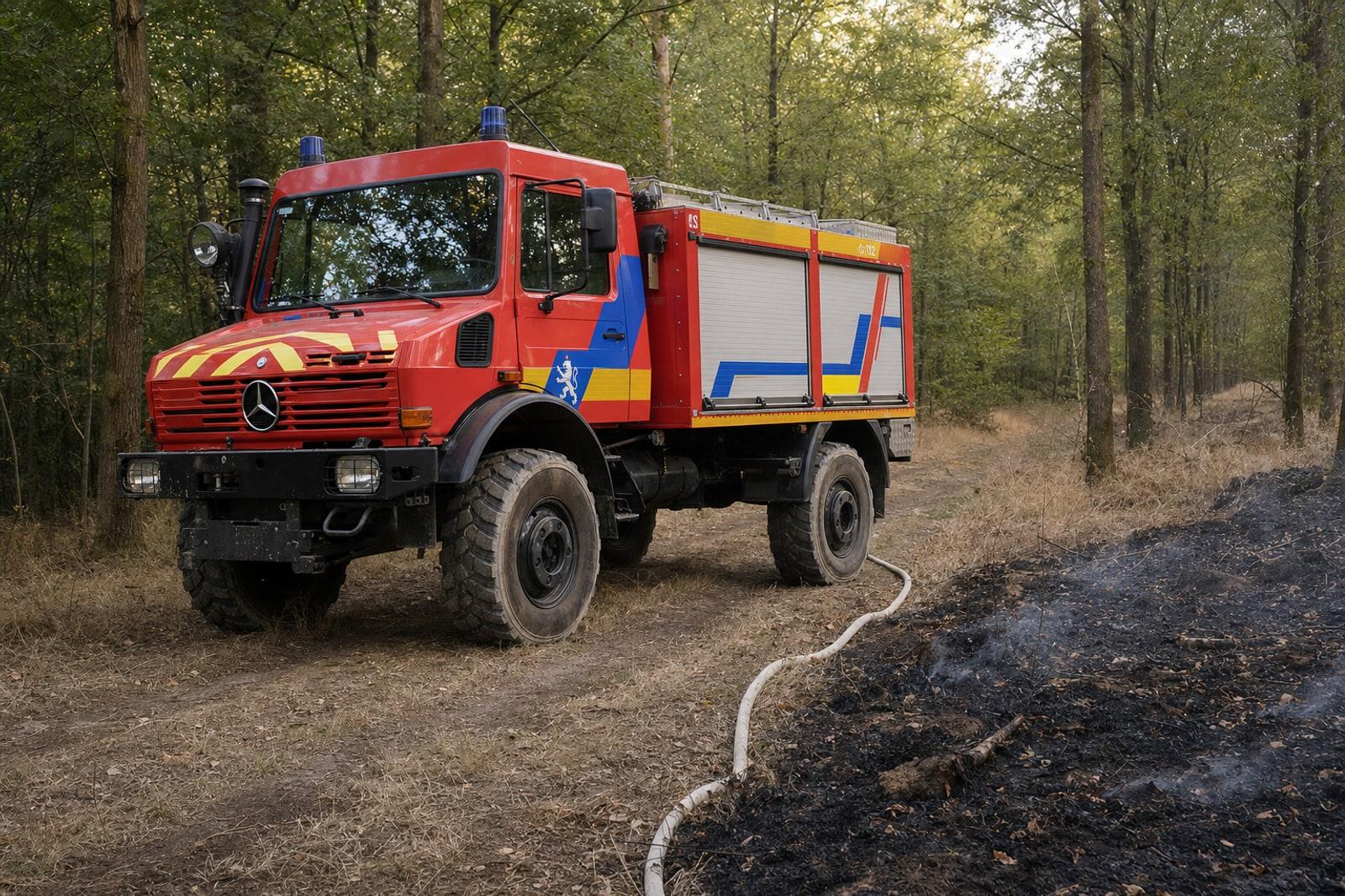 E Mercedes-Benz Unimog-Tankwon vum CGDIS op engem dréchene Bëschwee zu Lëtzebuerg