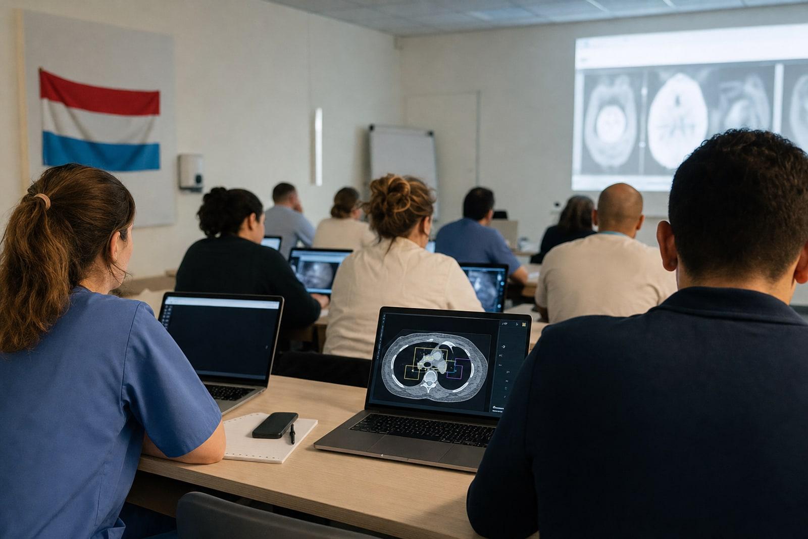 Healthcare professionals at laptops in an evening classroom, one screen showing AI analysis of a medical scan.