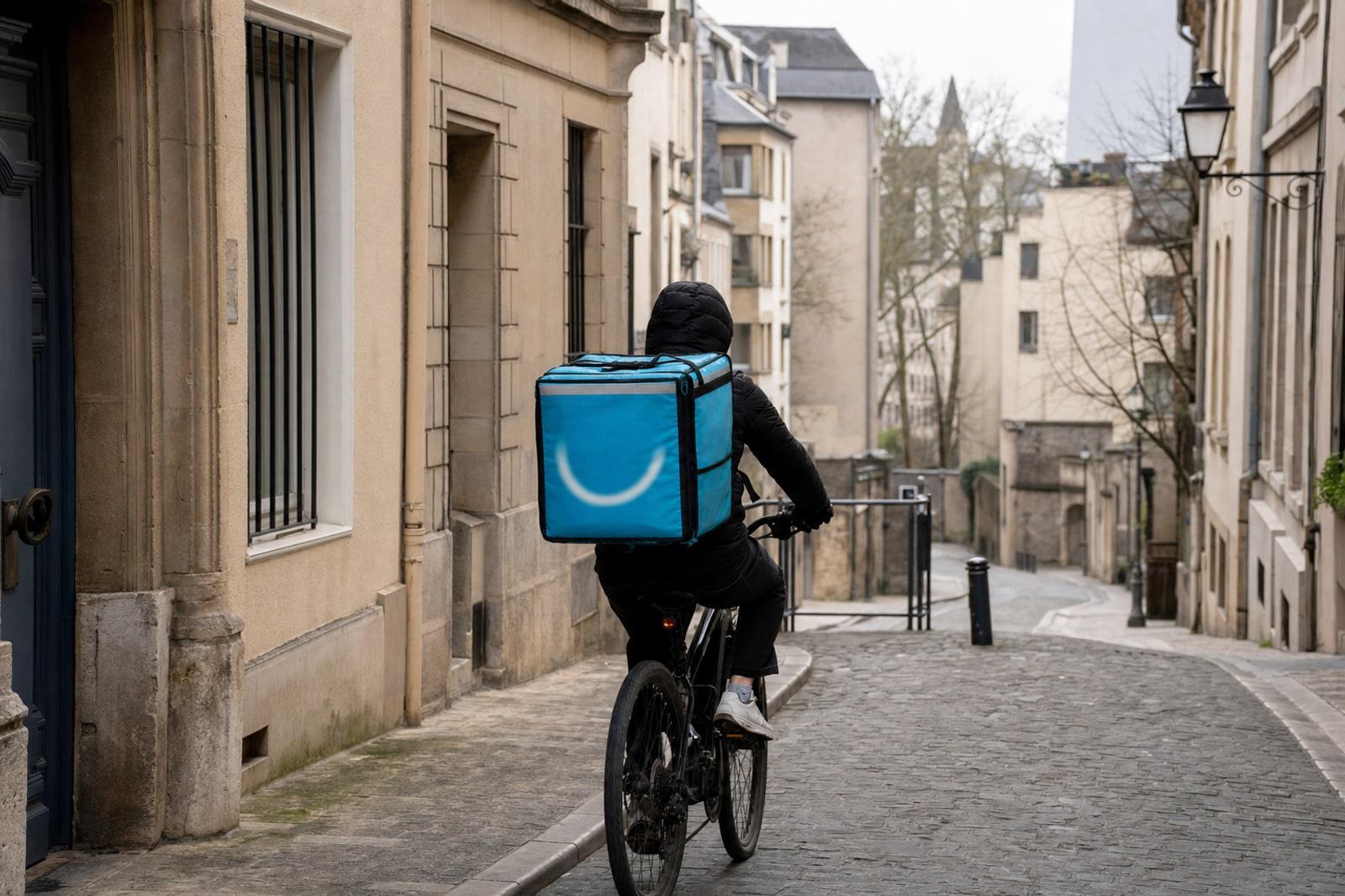 A food-delivery cyclist seen from behind carrying a large bright cyan-blue Wolt insulated backpack on a pale-stone street in Luxembourg City.