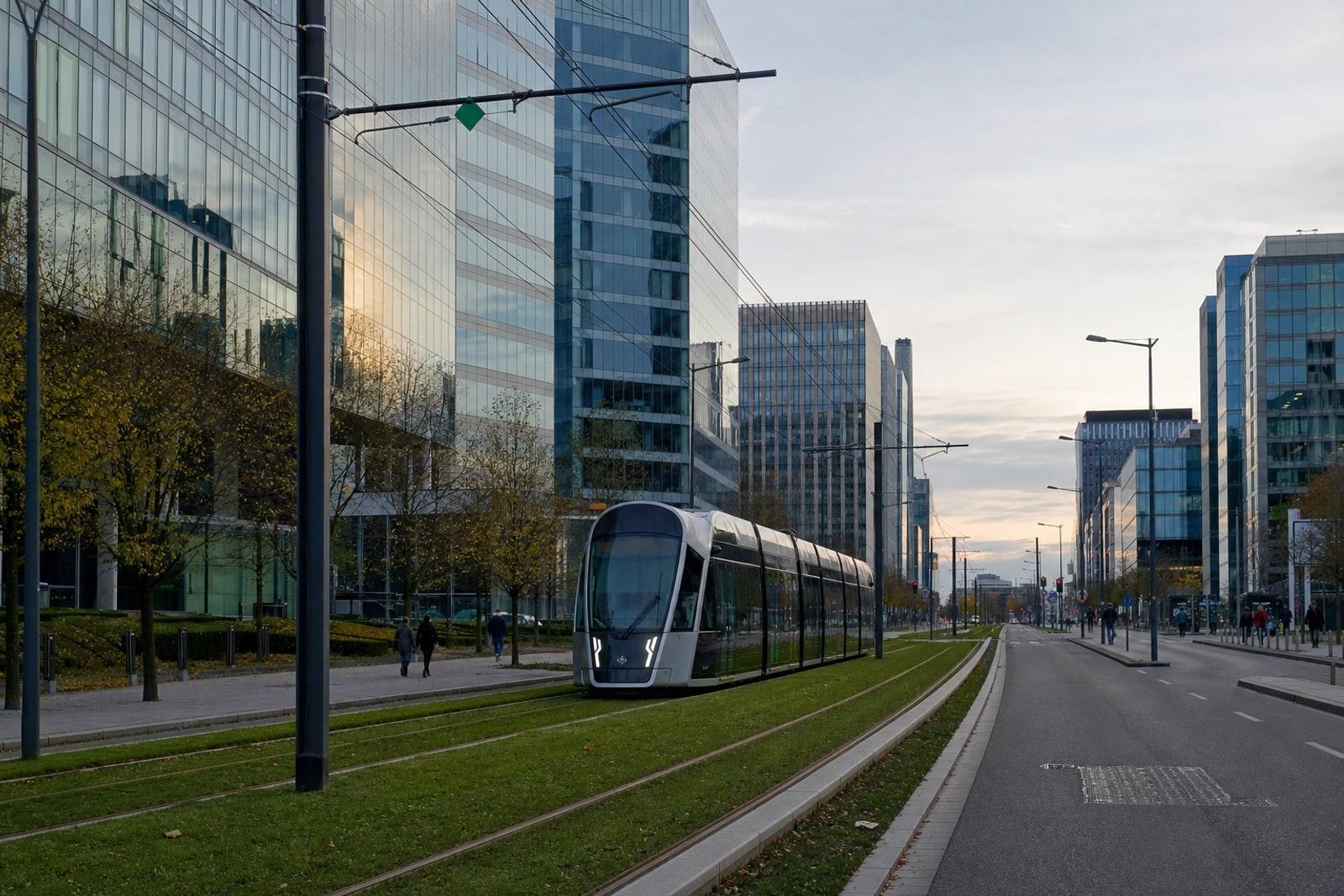 Blue-green office towers and a white tram on Avenue John F. Kennedy in Luxembourg’s Kirchberg financial district.