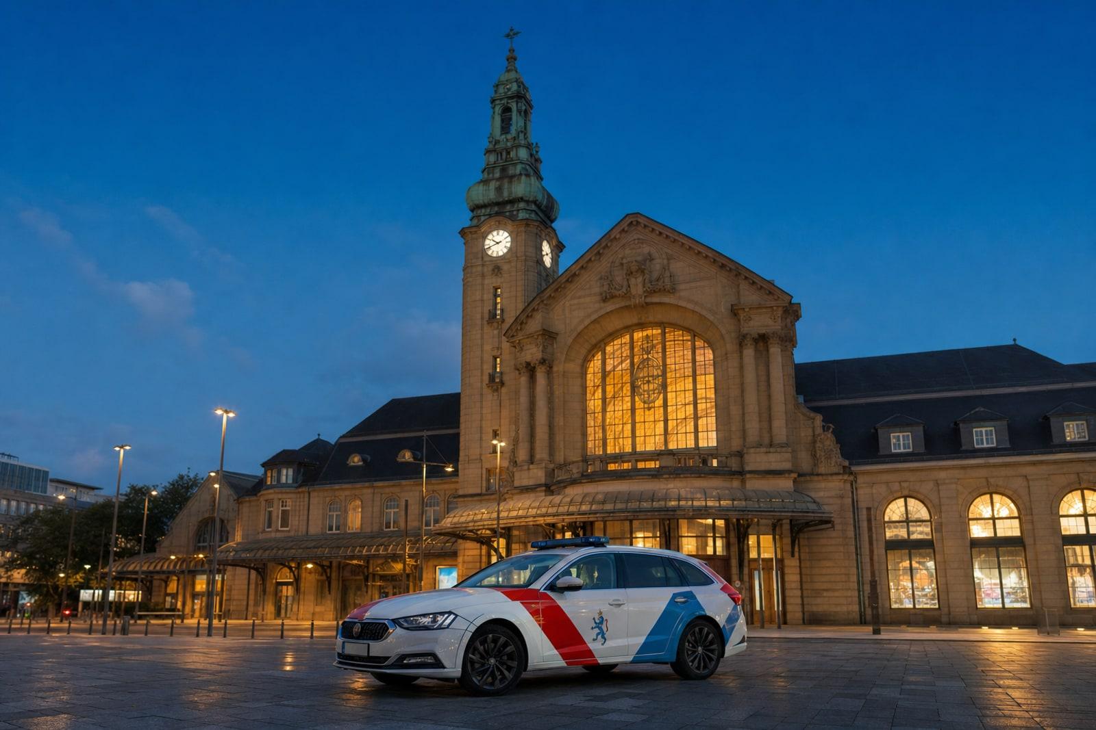 A white Grand Ducal Police patrol car with red-and-blue livery parked outside Luxembourg City's central railway station at dusk.
