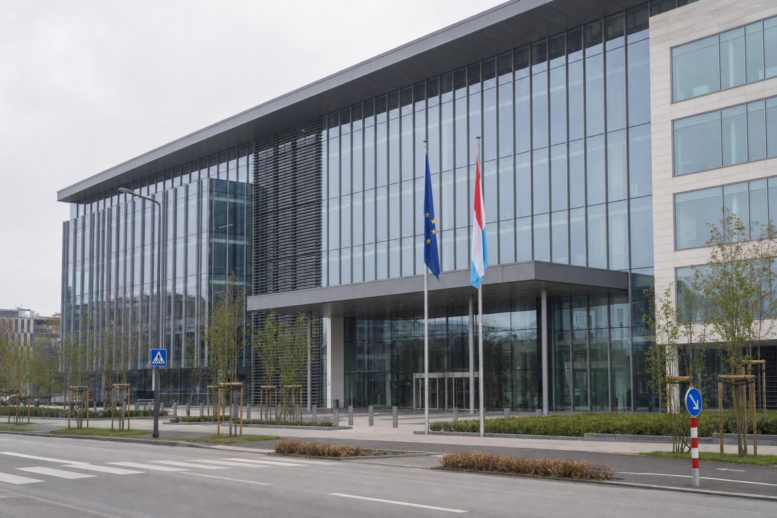 Modern glass office building of Luxembourg's national statistics institute with European Union and Luxembourg flags outside under an overcast sky.