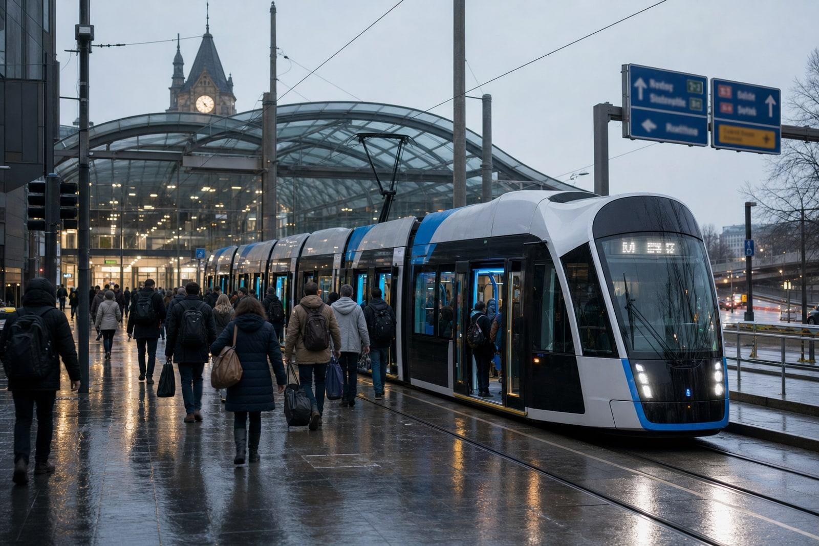 Cross-border commuters arriving at a modern Luxembourg City transport interchange at dawn beside a blue-and-white tram, with motorway signs to Trier, Thionville and Arlon.