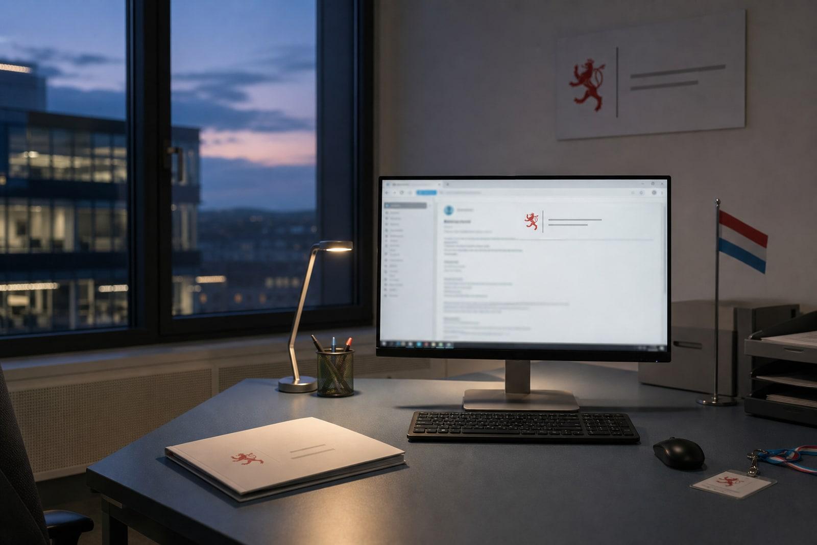 An illuminated government office workstation at dusk showing a deceptive official-looking email open on screen.