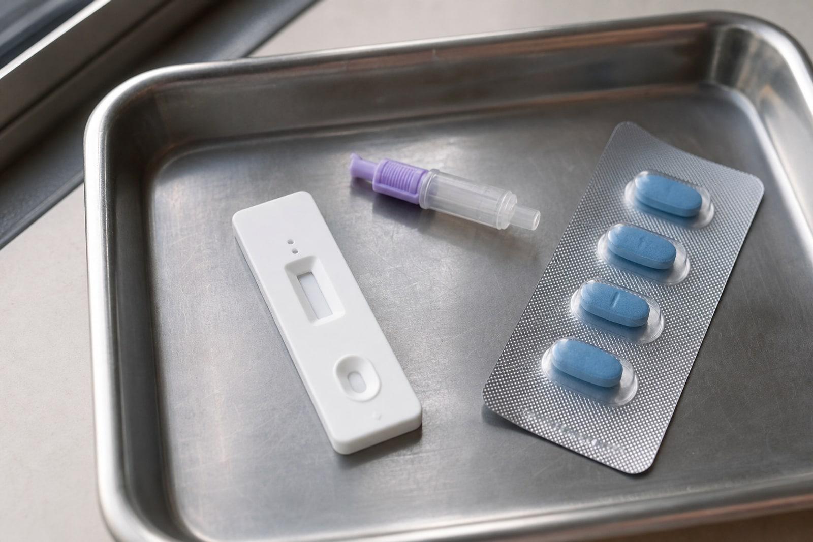 A rapid HIV test cassette, a lancet and blue PrEP tablets arranged on a stainless steel clinic tray.