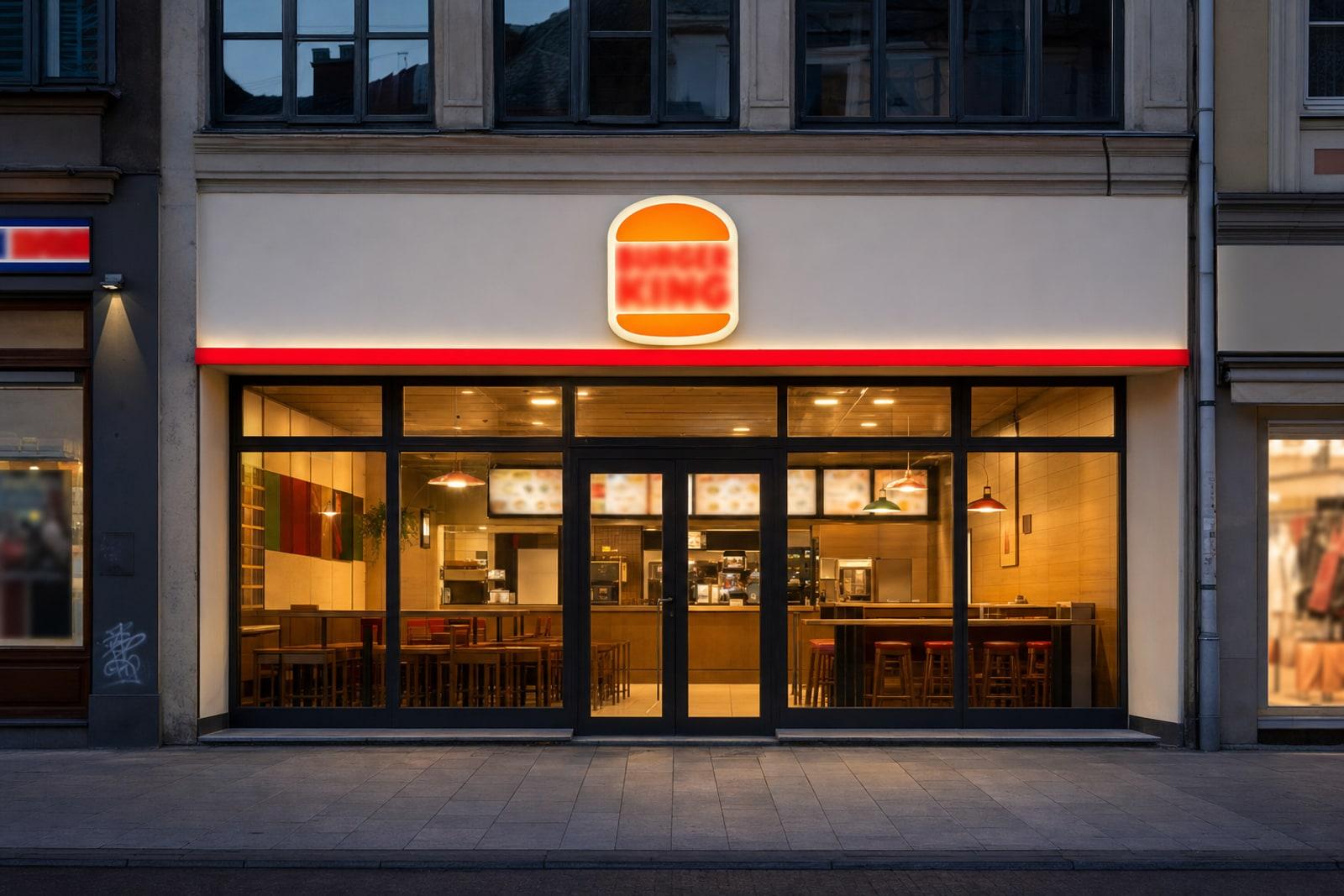 Façade d'un restaurant Burger King en Europe centrale arborant le logo actuel de la marque, deux moitiés de pain aux graines de sésame entourant le nom en rouge flamme.