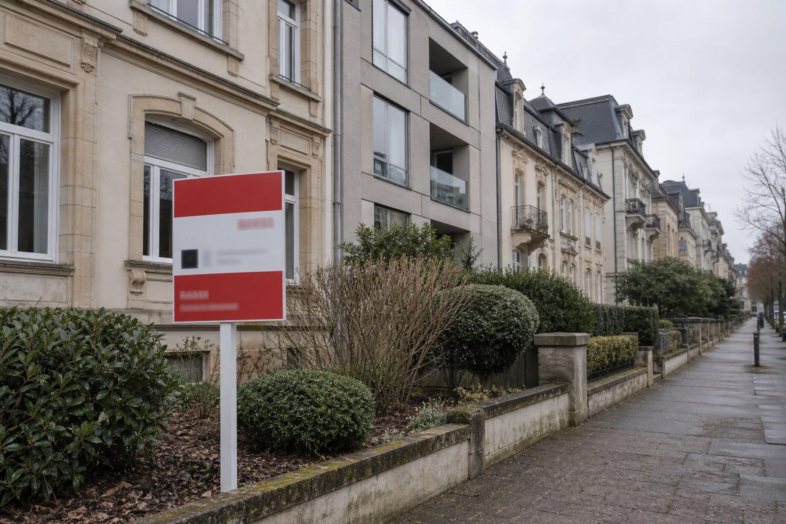 A residential street of pale-stone townhouses and a modern apartment block in Luxembourg City with an estate agent 'for sale' sign in a front garden.