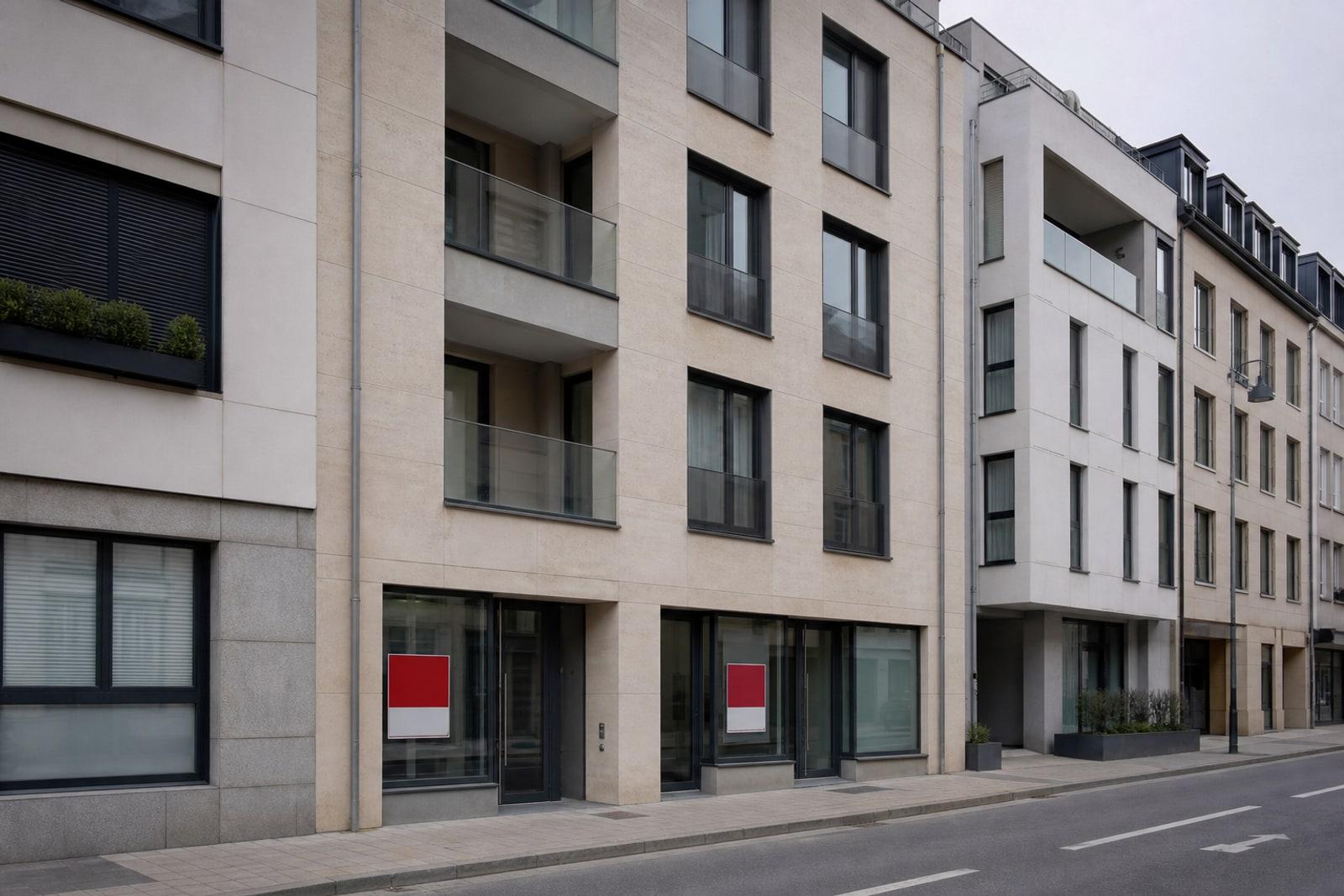 A row of pale-stone and modern-render Luxembourg City apartment buildings with red-and-white 'À louer' rental signs in ground-floor windows under overcast light.