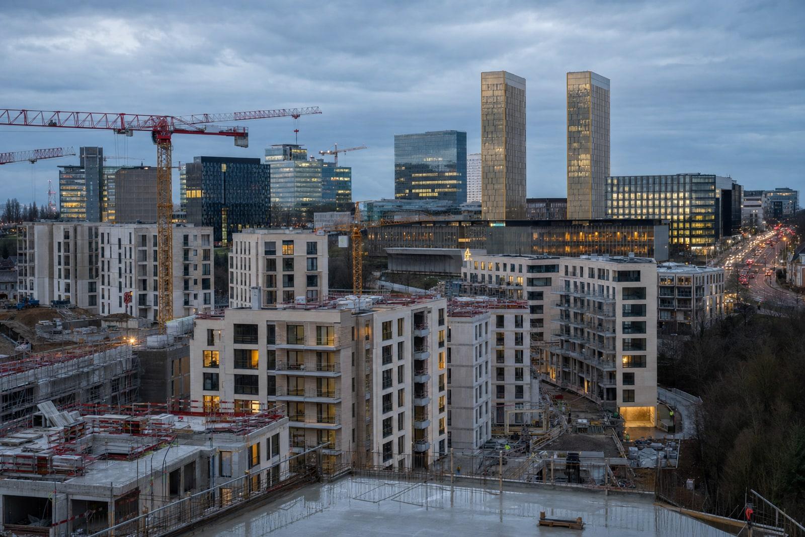 Luxembourg City's Kirchberg district at dusk, with the gold towers of the EU Court of Justice behind new apartment blocks under construction with tower cranes