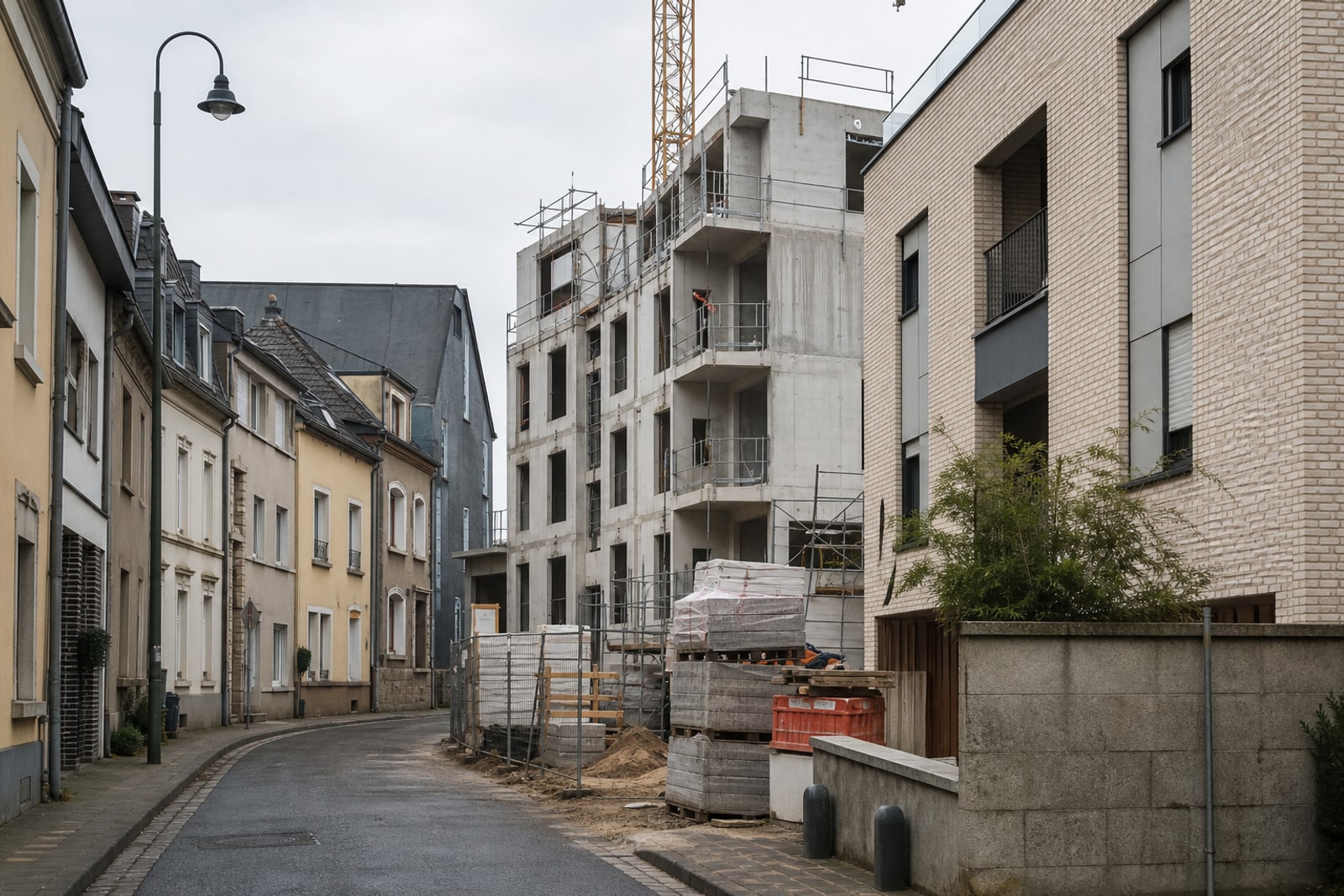 Compact Luxembourg apartment construction squeezed between older residential buildings on a quiet overcast street.