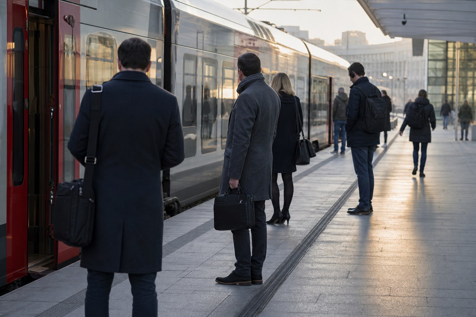 Commuters waiting on a Luxembourg railway platform beside a cross-border regional train in early morning light.