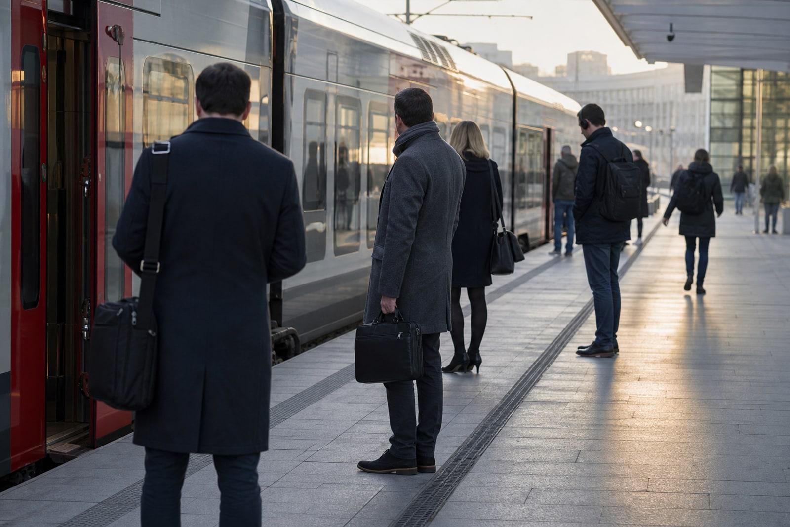 Commuters waiting on a Luxembourg railway platform beside a cross-border regional train in early morning light.