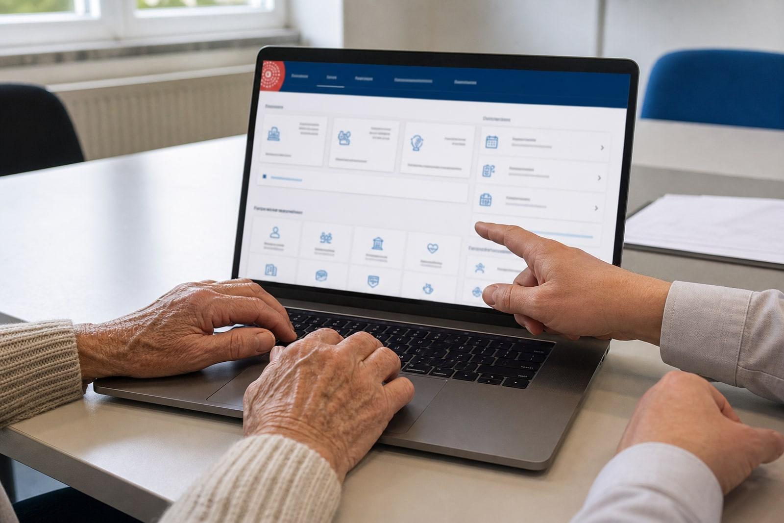 Eng eeler Persoun zu Lëtzebuerg kritt Hëllef beim Benotze vum MyGuichet.lu-Dashboard op engem Laptop