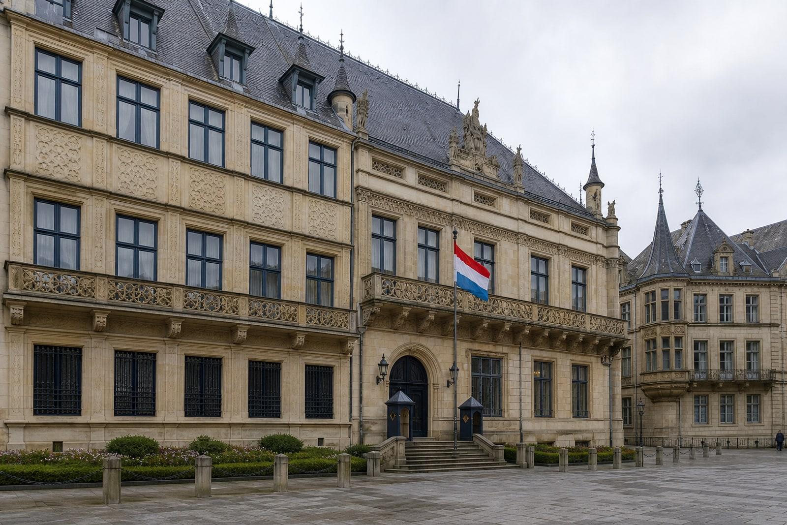 Das ockerfarbene Sandsteingebäude der Abgeordnetenkammer am Krautmarkt in Luxemburg-Stadt neben dem Großherzoglichen Palais.