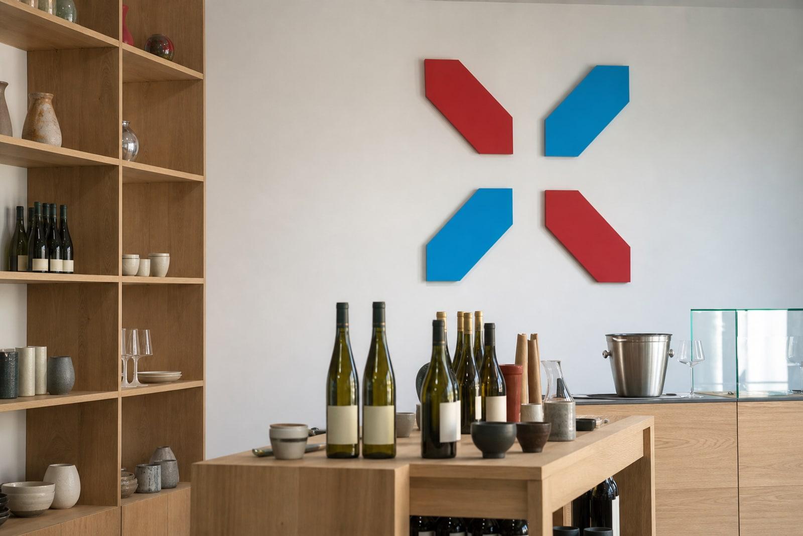 Illustrative interior of a Luxembourg nation-brand showcase: shelves of local wine and design products beside a tasting counter, with a large red-and-blue 'X' on a white wall.