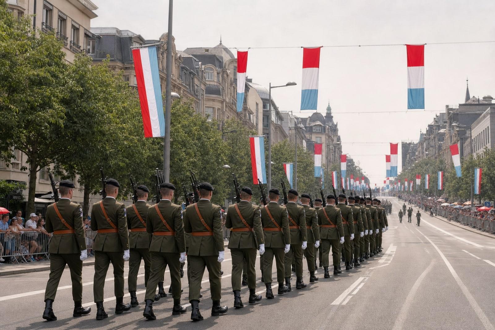 A Luxembourg Army ceremonial detachment marches down a flag-lined Avenue de la Liberté in Luxembourg City under a hazy, heat-bleached sky.