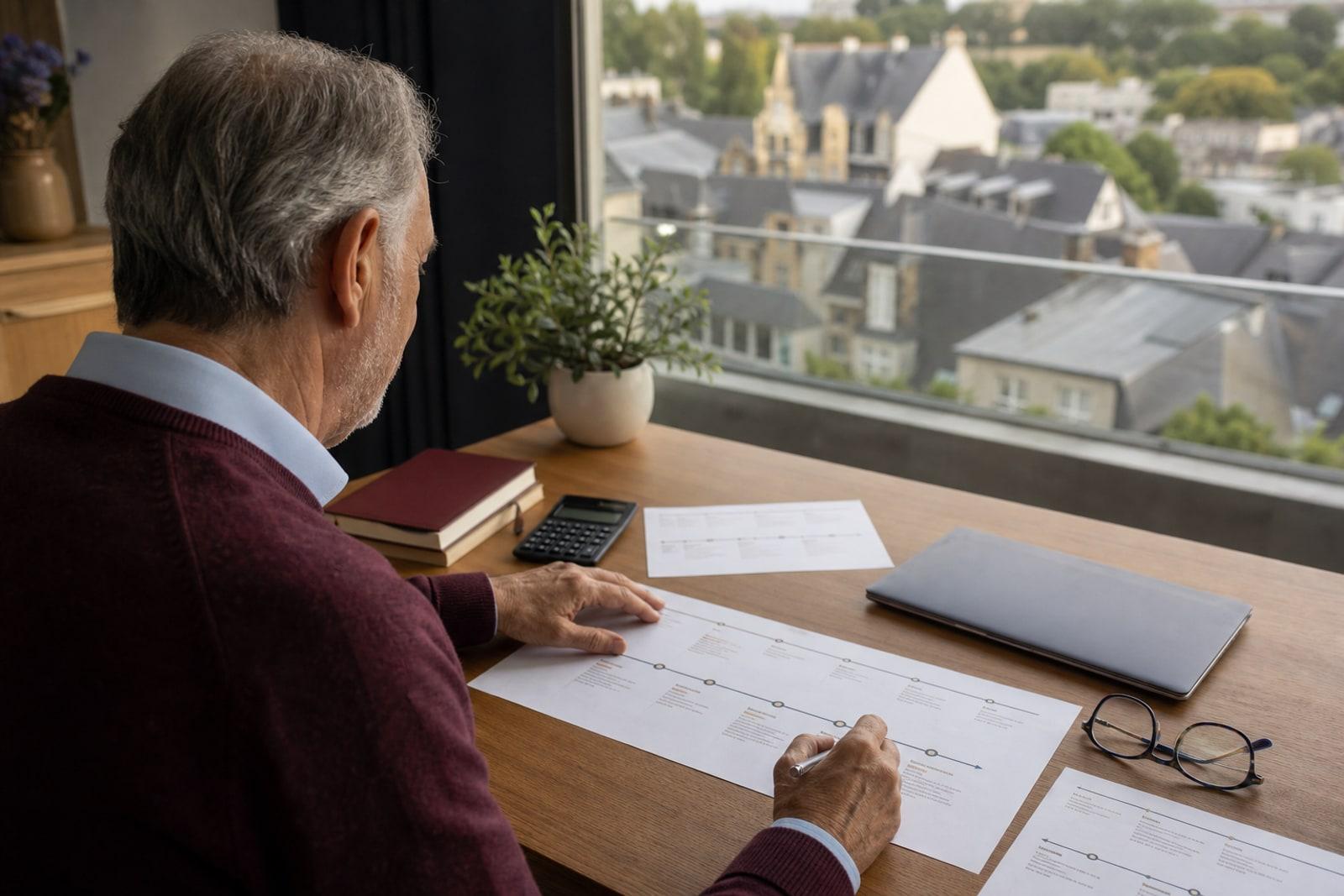 Älterer Arbeitnehmer prüft eine neutrale Laufbahnübersicht mit Rechner und Laptop in Luxemburg