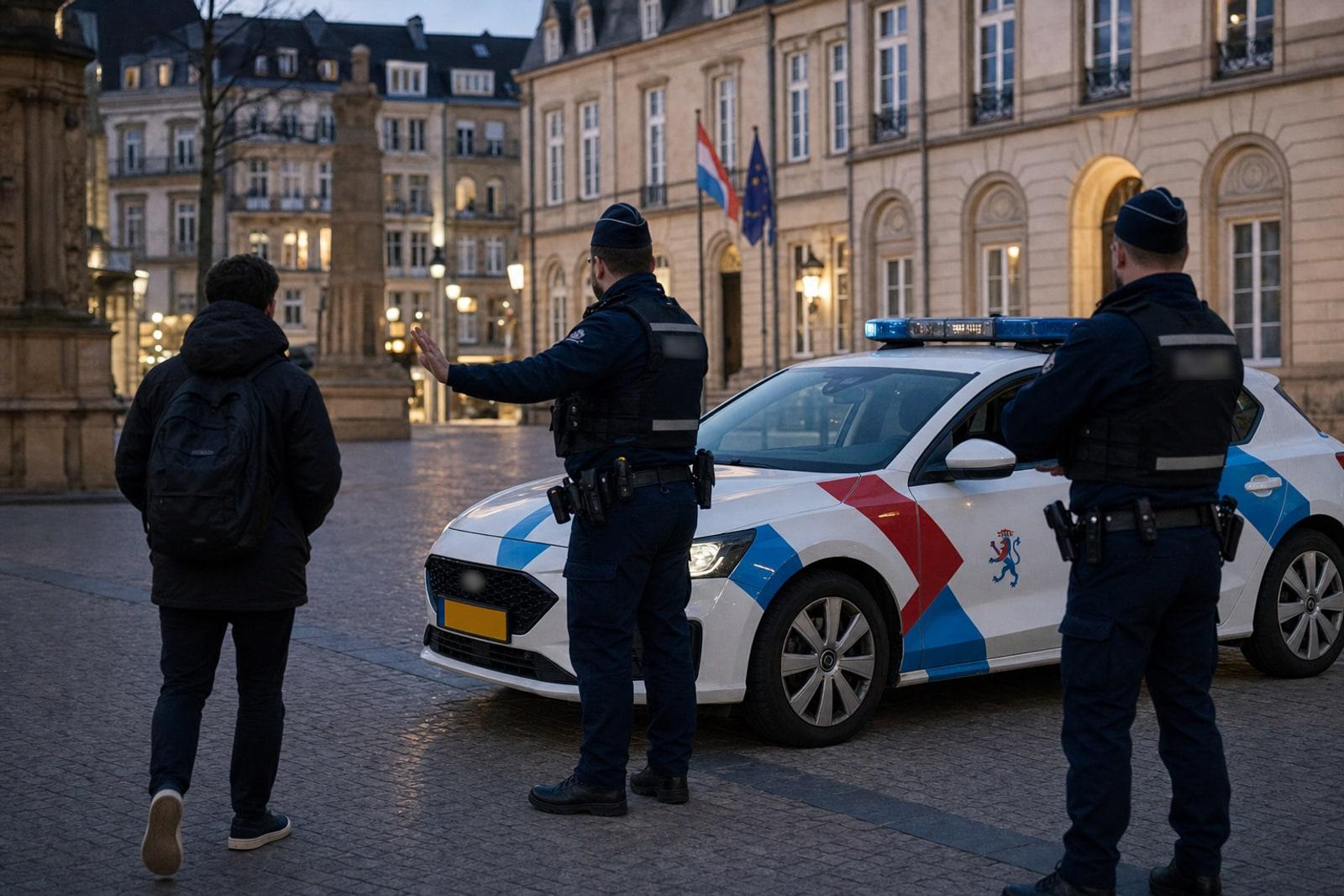 Beamte vun der Grand-Ducal Police an donkelbloer Uniform bei engem wäiss-bloe Policeauto, déi op enger ëffentlecher Plaz zu Lëtzebuerg-Stad e Platzverweis ëmsetzen.