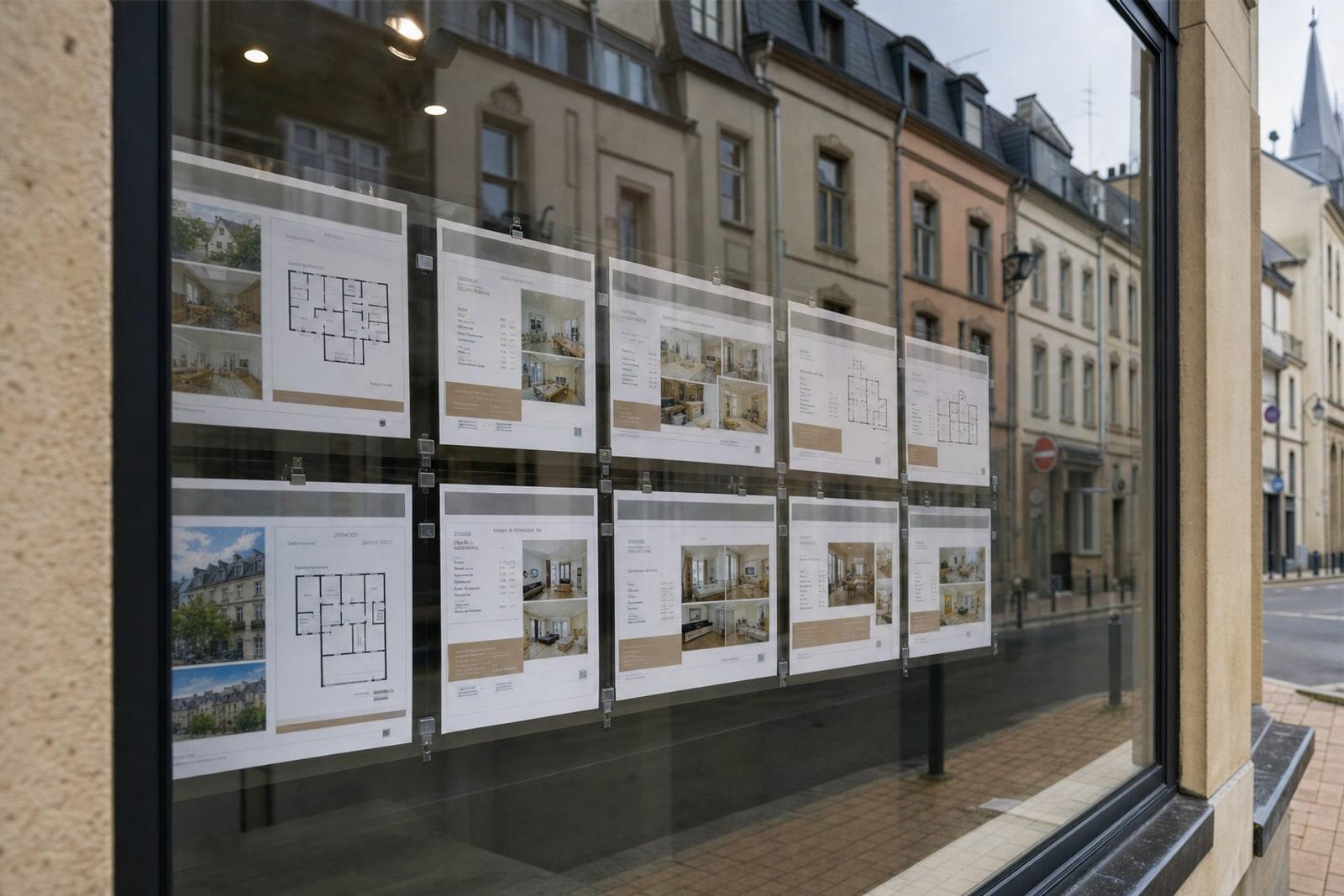 Immobilieannoncen an der Vitrine vun enger Agence op enger Stroosse mat Stadhaiser an der Stad Lëtzebuerg.