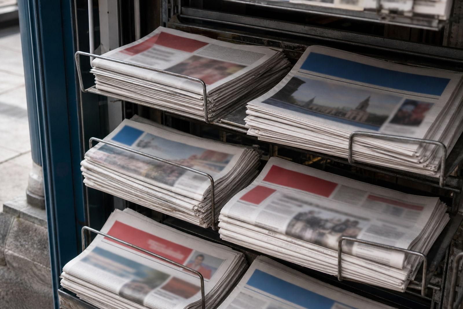 A rack of folded Luxembourg daily newspapers at a newsstand in soft daylight, mastheads indistinct.