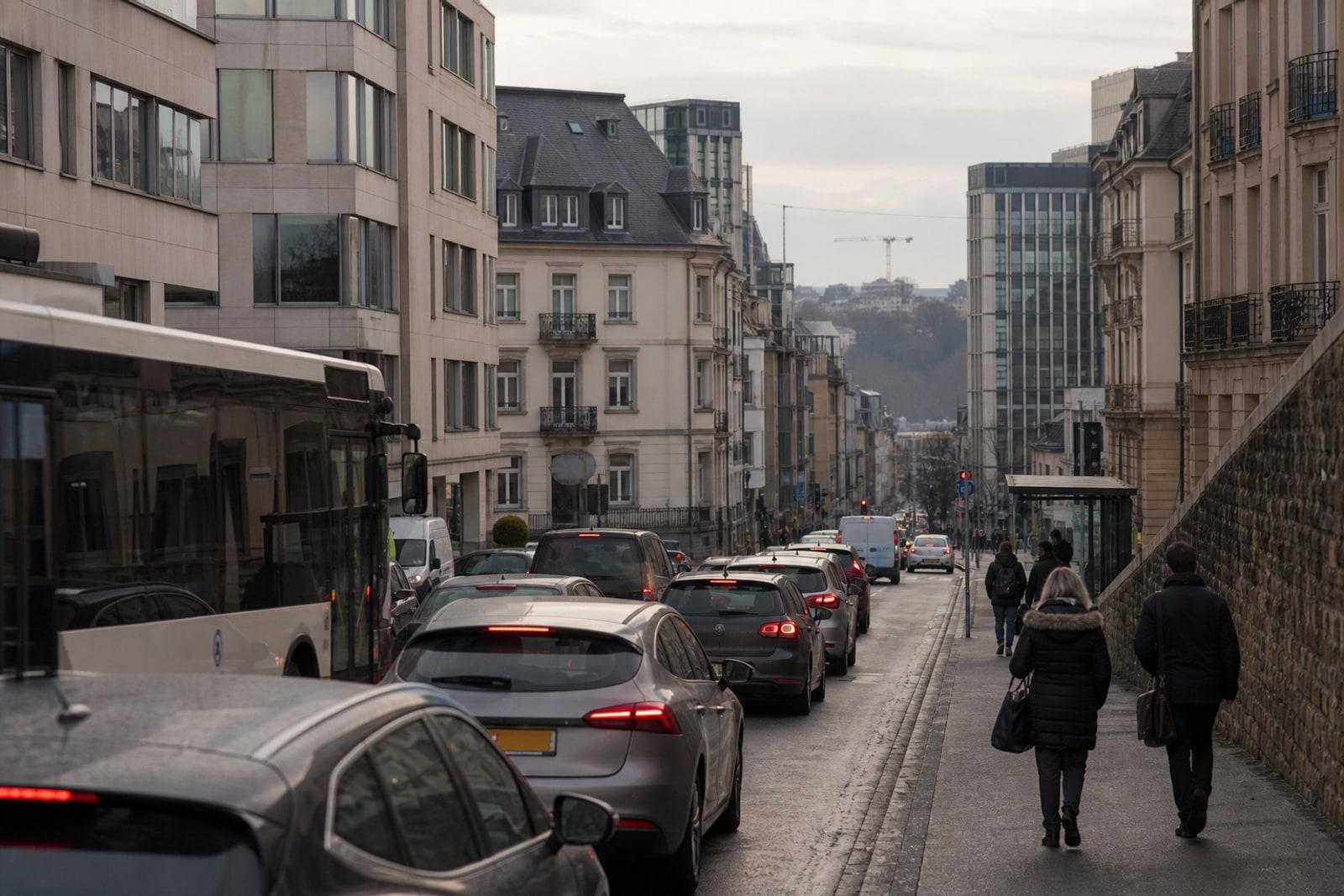 Morning commuter traffic backs up on a sloped Luxembourg City street as anonymous pedestrians walk past office and apartment buildings.