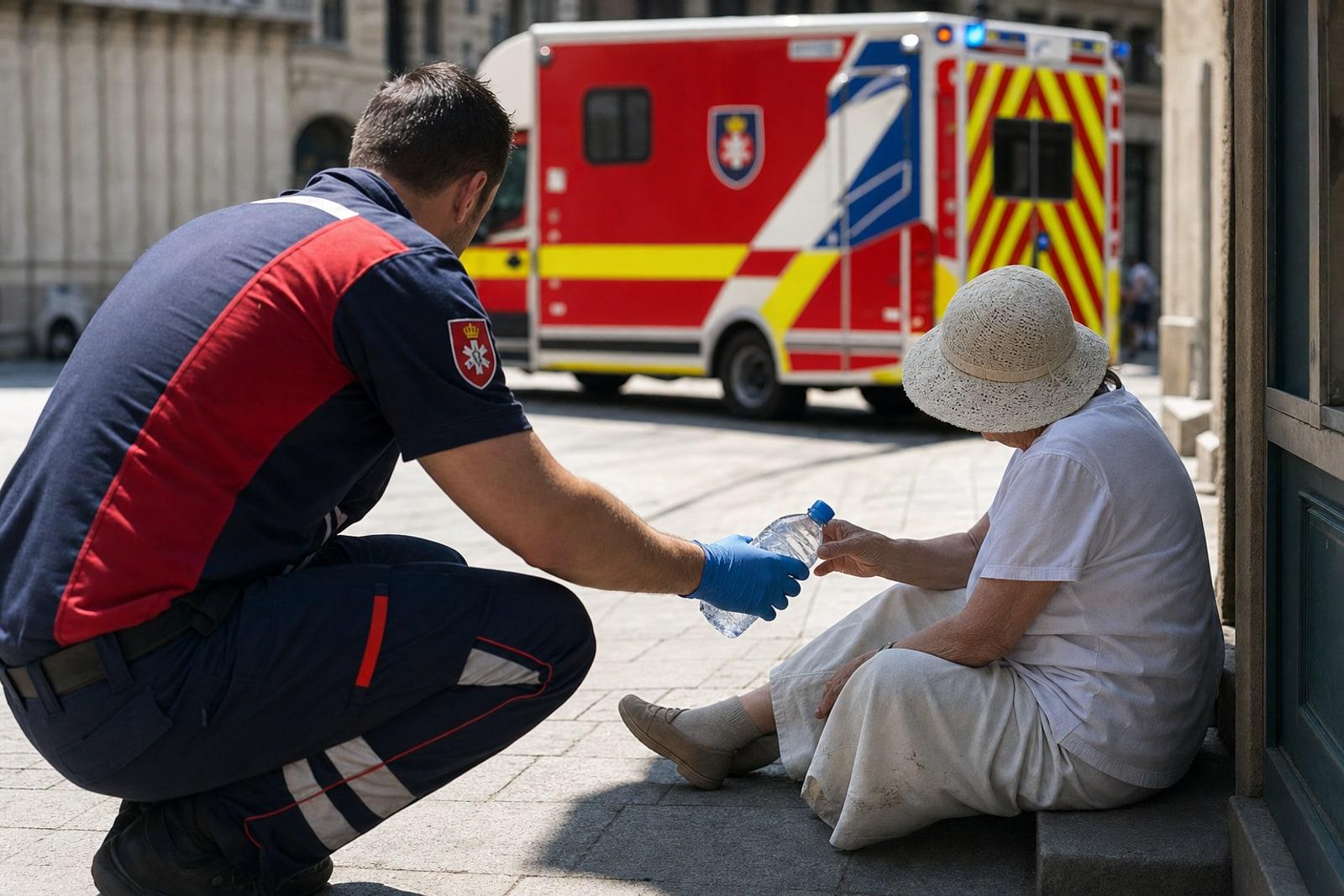 A CGDIS first responder in navy-and-red uniform offers water to a heat-stricken elderly resident in the shade as a white CGDIS ambulance stands by on a sun-bleached Luxembourg City street.