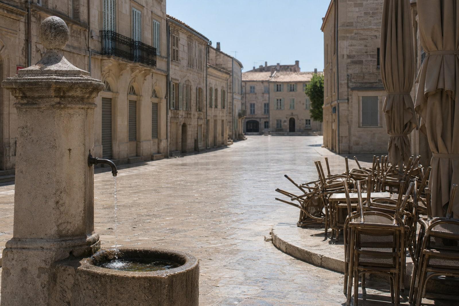 An empty sun-bleached cobblestone city square at midday with a public drinking fountain and a closed café terrace, heat haze shimmering in the air.