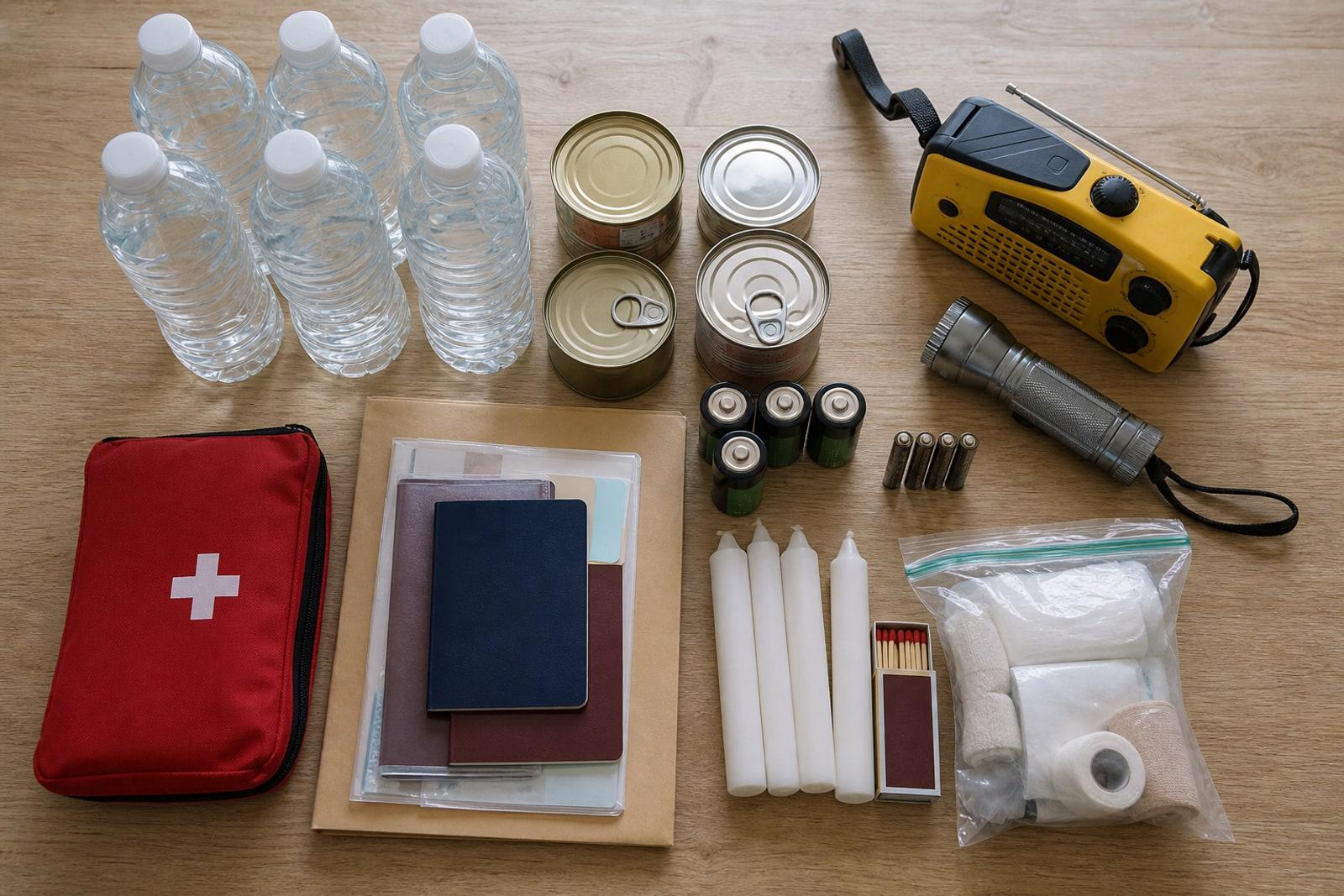 A household 72-hour emergency kit laid out on a kitchen table: bottled water, tinned food, a hand-crank radio, a torch, batteries, a first-aid pouch, candles and documents.