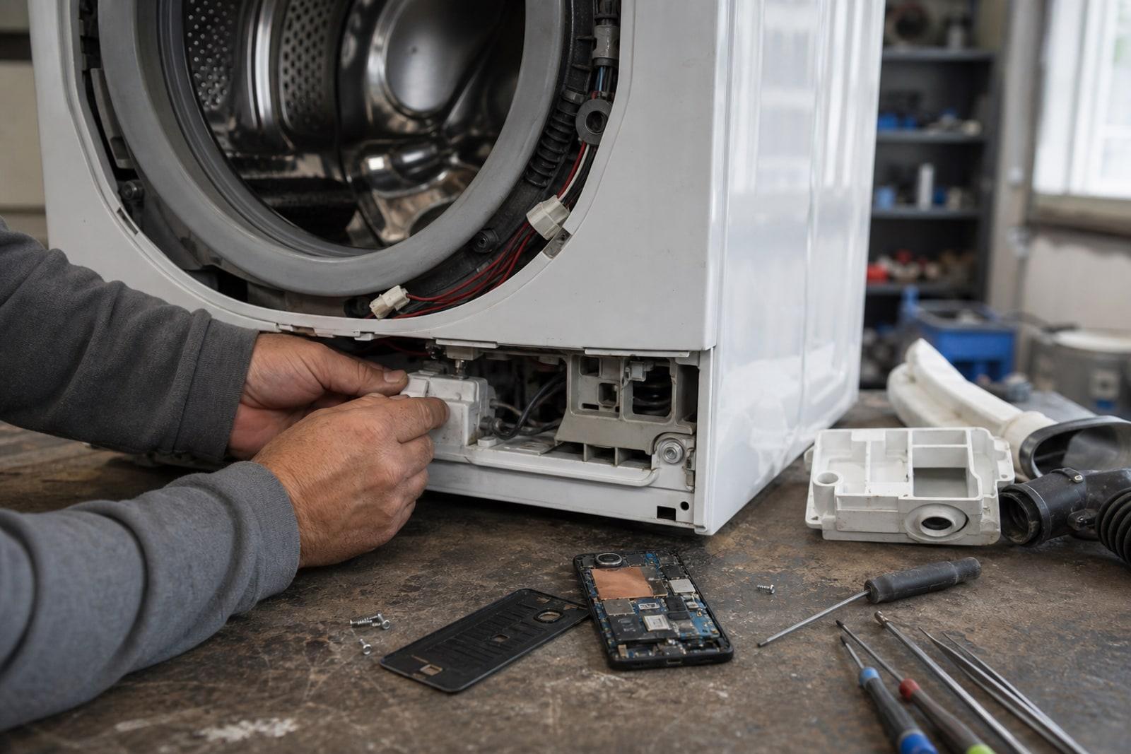 A technician's hands work inside an opened white washing machine on a workbench beside a smartphone with its back cover removed and scattered tools.