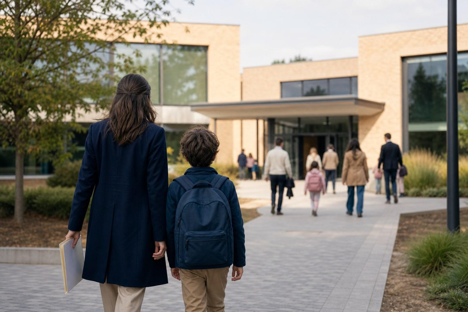Parent et enfant illustratifs arrivant devant une école publique contemporaine au Luxembourg