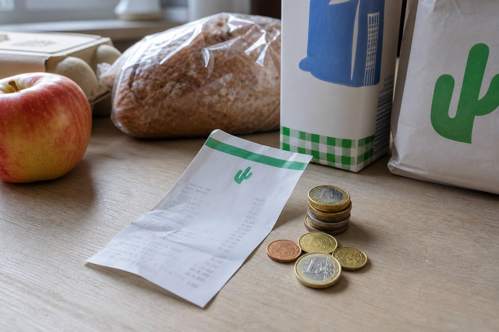 A Luxembourg supermarket receipt and euro coins beside everyday groceries on a table in soft daylight.
