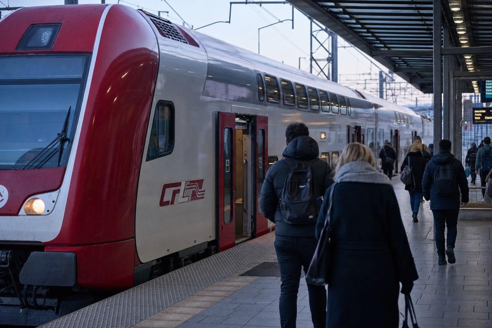Grenzpendler steigen neben einem rot-weißen CFL-Zug am Luxemburger Hauptbahnhof aus.