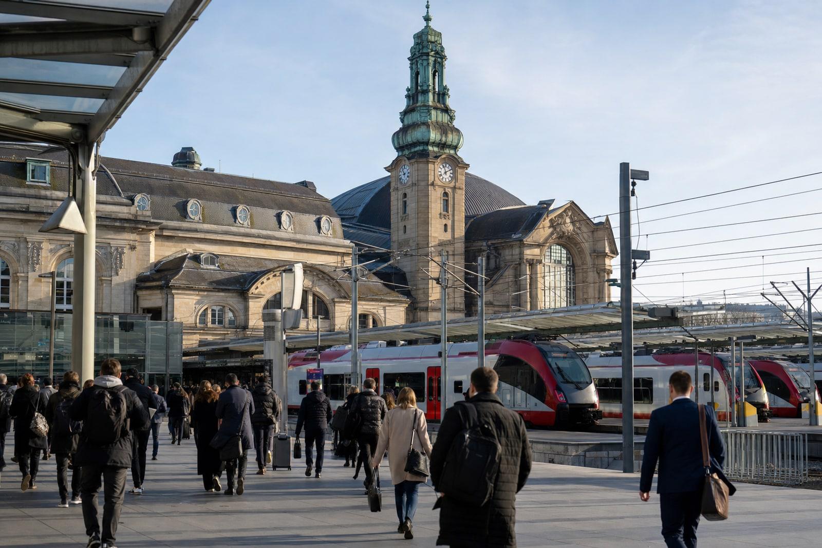 Commuters cross the concourse of Luxembourg City's central railway station during morning rush hour, with CFL trains at the platforms.
