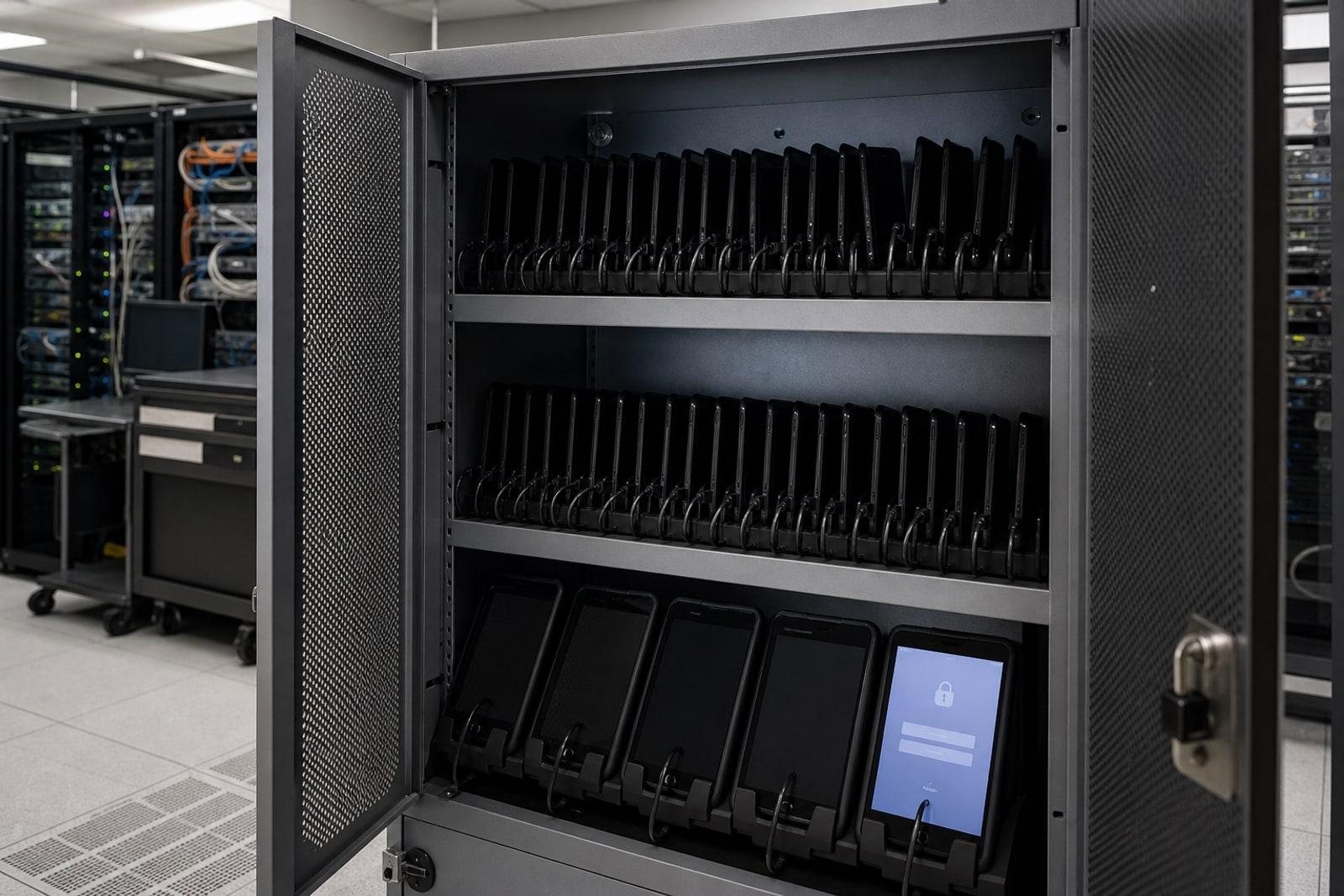A locked rack of identical dark government-issue smartphones and tablets in a dim state IT operations room, one screen showing a device-management lock screen.
