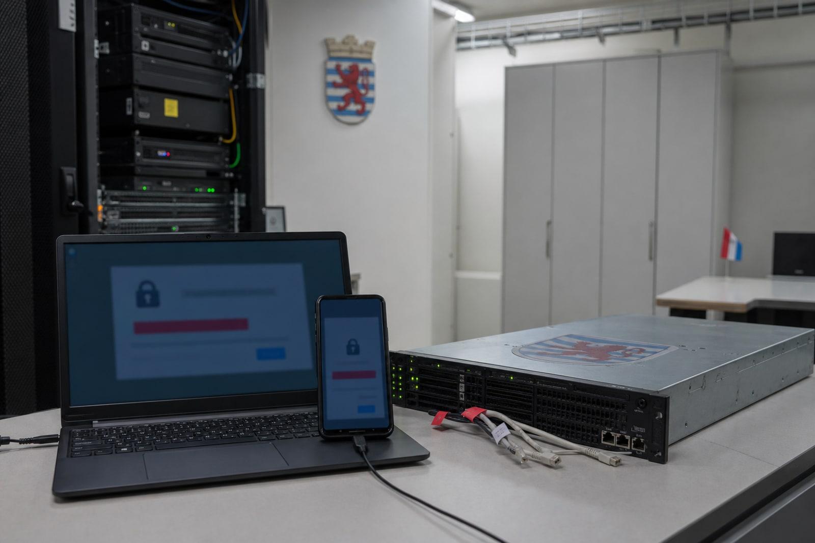 A state-issued government smartphone and laptop on a desk, disconnected from internal services, beside an isolated server unit in an IT room.