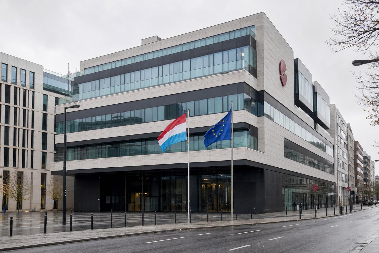Exterior of the Luxembourg Stock Exchange headquarters in Luxembourg City with Luxembourg and EU flags.