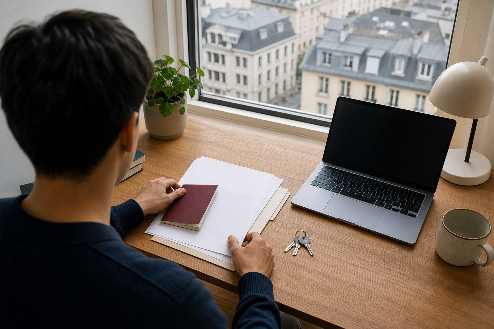International student arranging plain residence documents beside a laptop and apartment keys