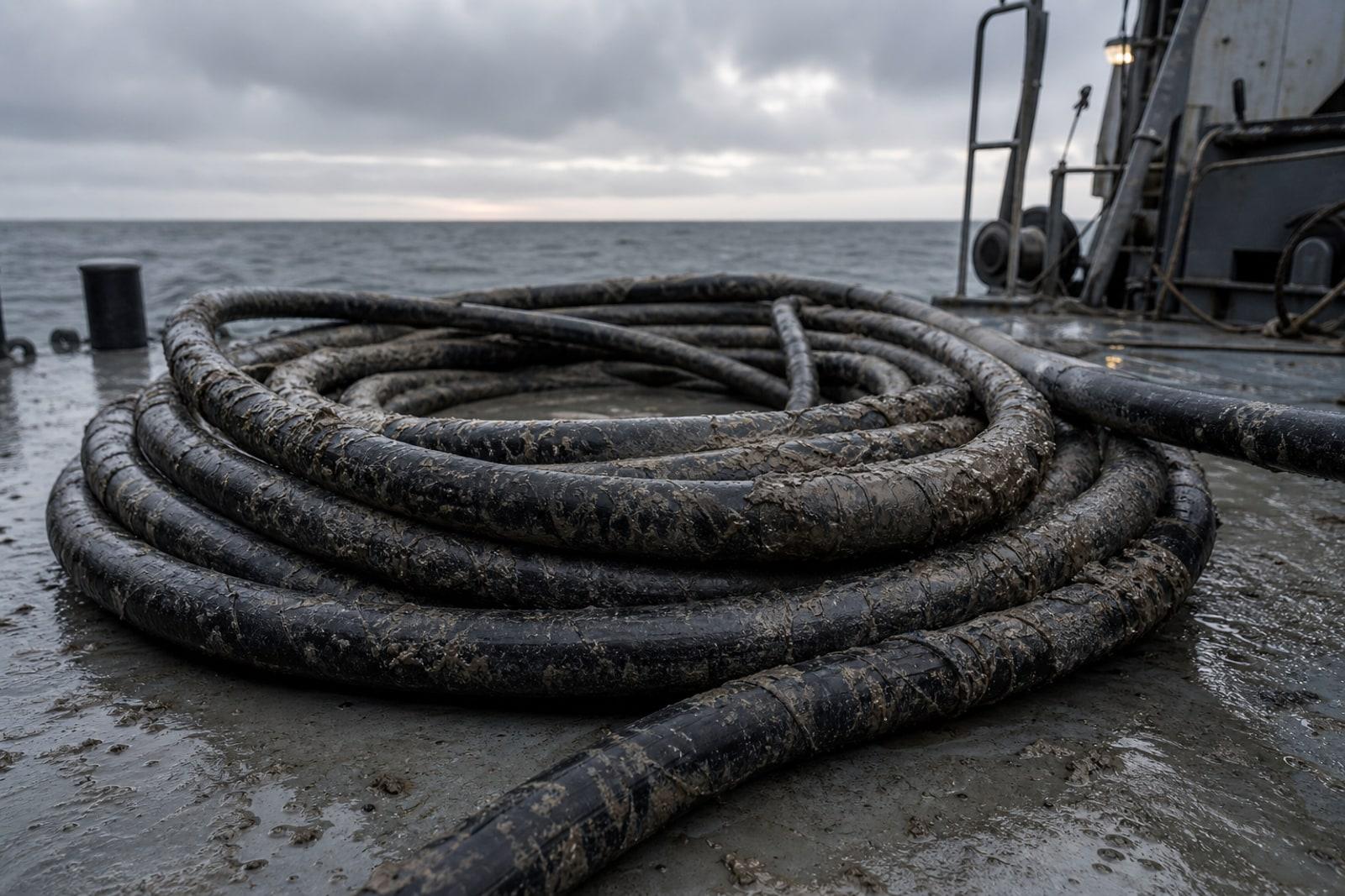 A thick submarine communications cable coiled on the steel deck of a repair ship at sea under a grey sky.