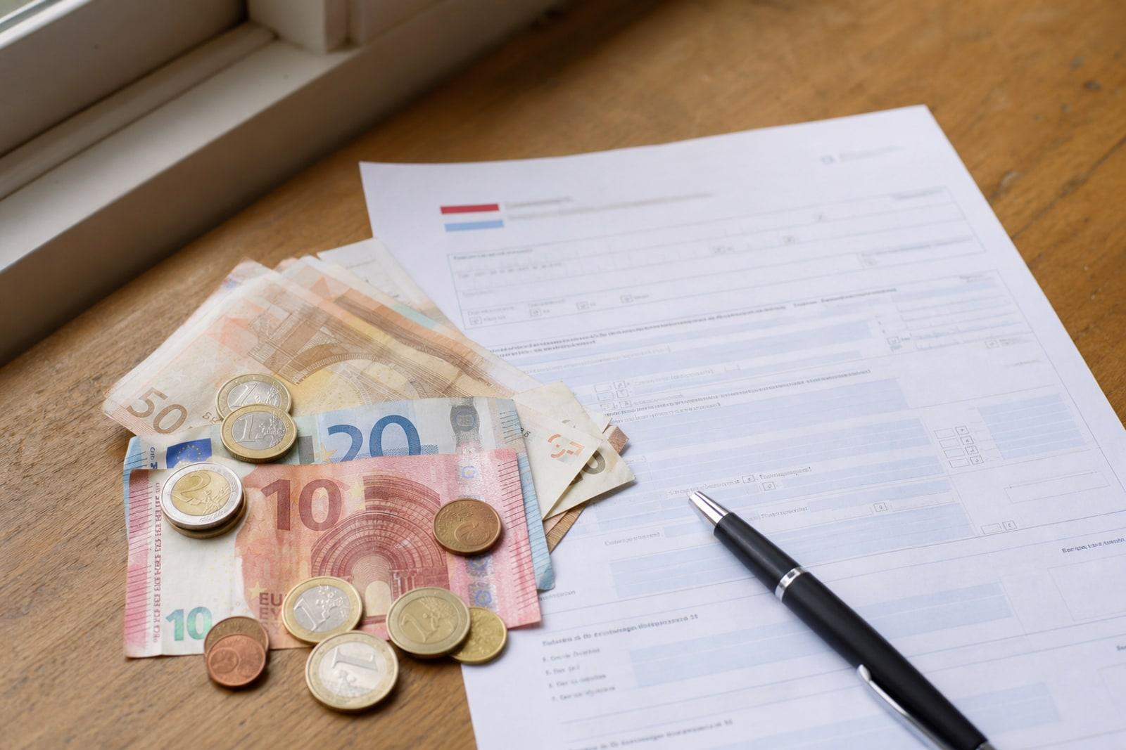 Billets en euros posés sur un formulaire luxembourgeois de déclaration de l'impôt sur le revenu, sur un bureau en bois