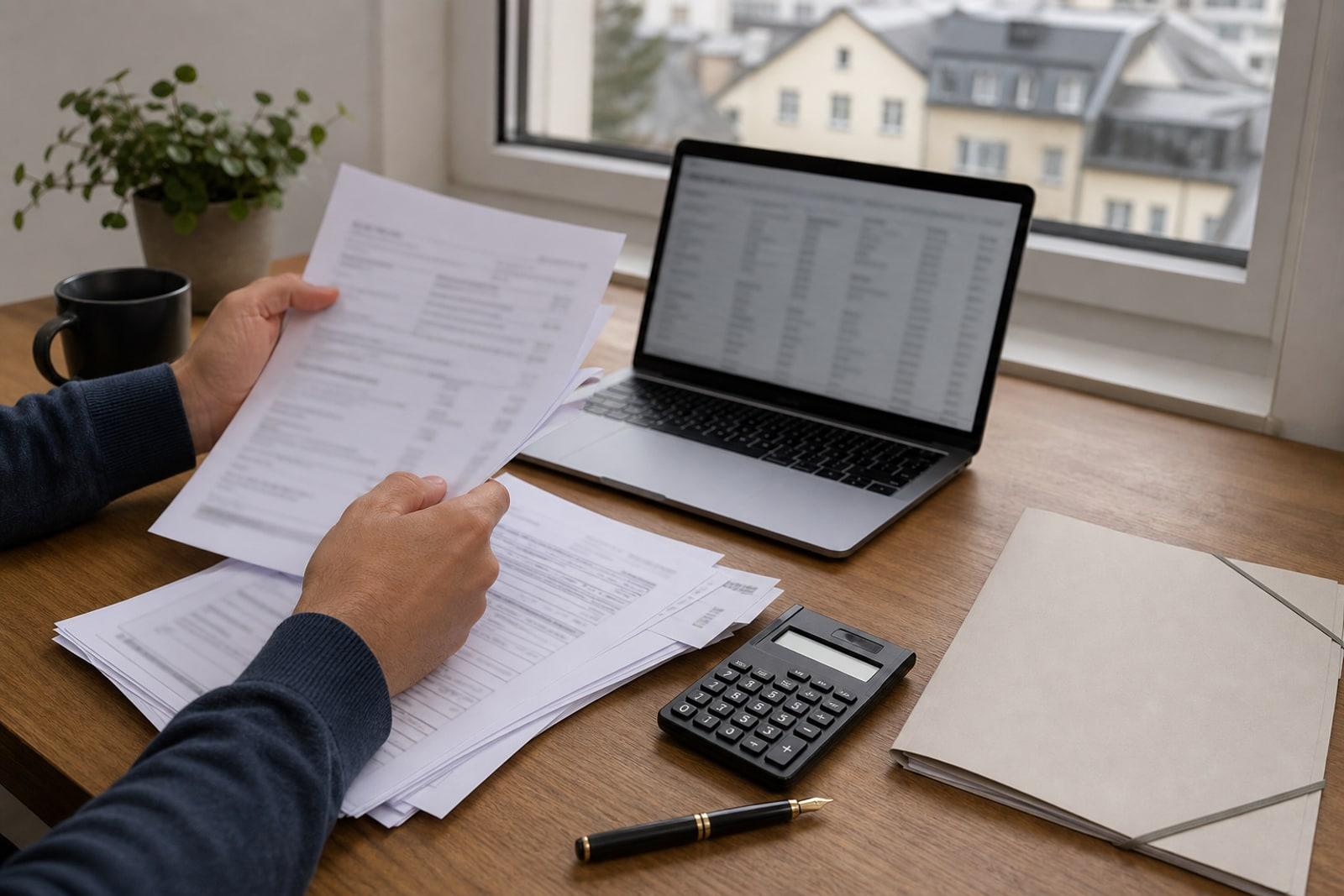Illustrative Luxembourg tax-filing desk with receipts, a laptop and euro banknotes.