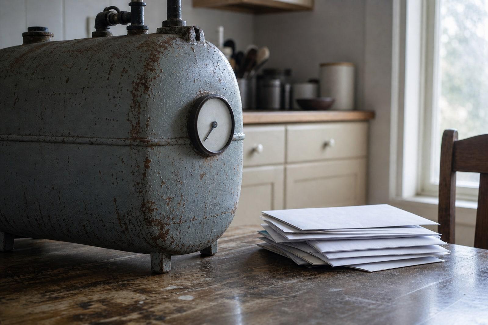 A home heating-oil tank with a pressure gauge beside a small stack of utility bills on a kitchen table in soft morning light.