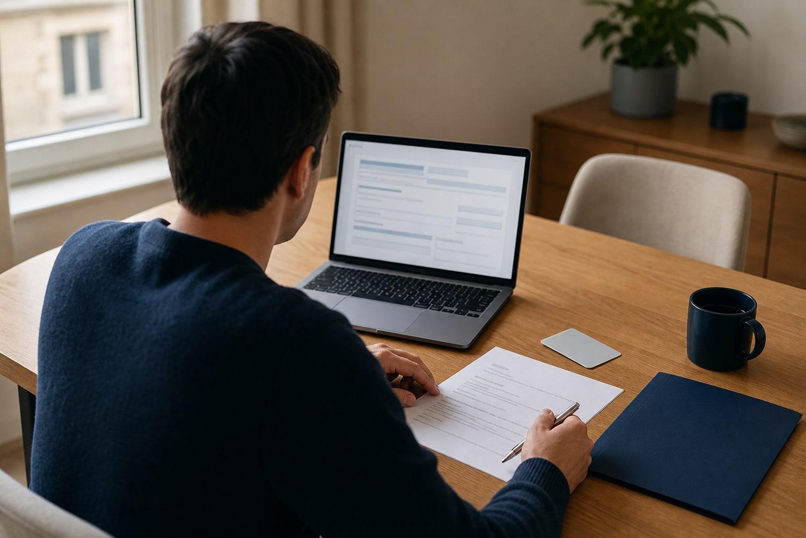 Demandeur d'emploi illustratif remplissant un formulaire en ligne près d'un CV et d'une chemise