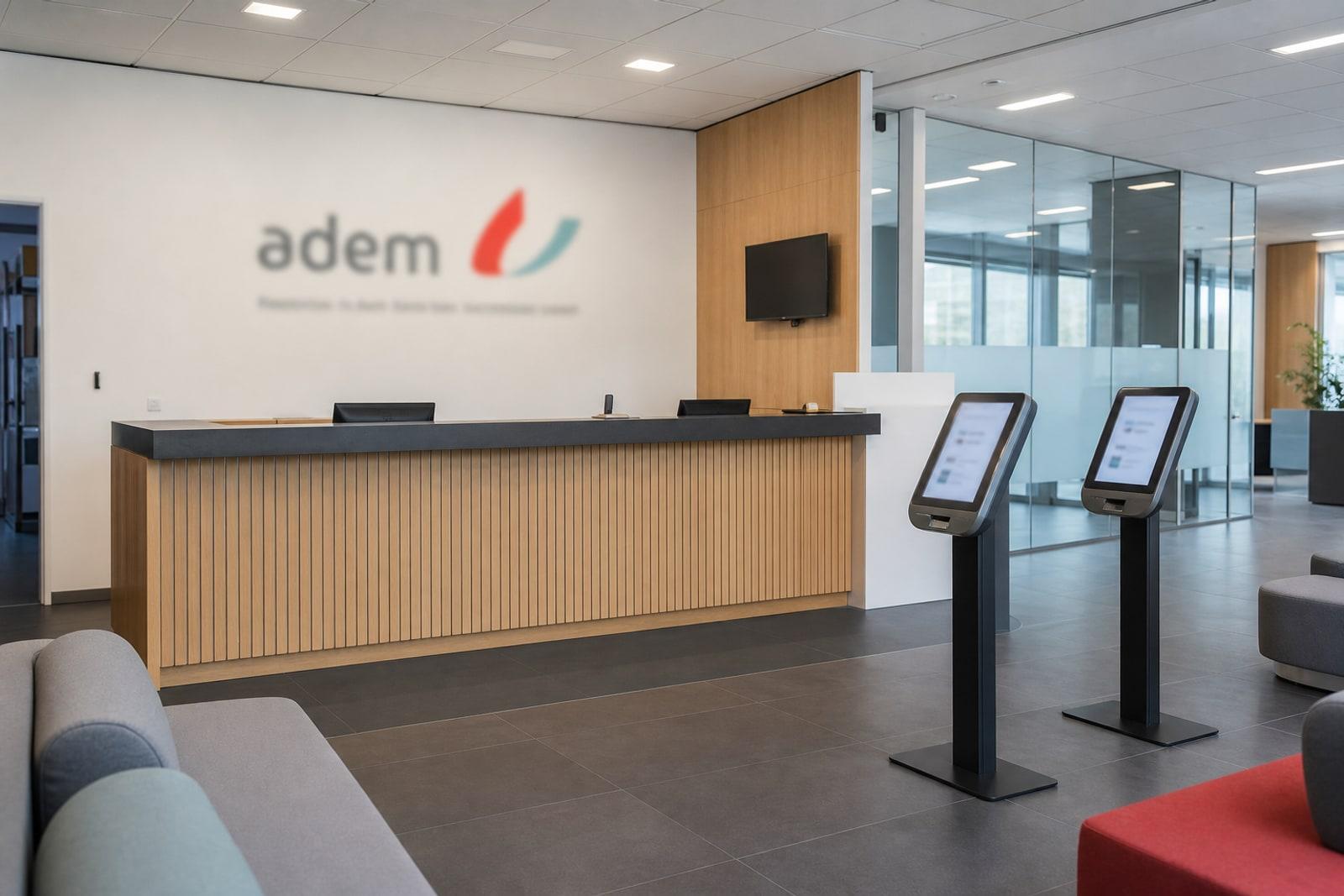 Interior of an ADEM employment agency branch in Luxembourg with self-service terminals and reception signage.