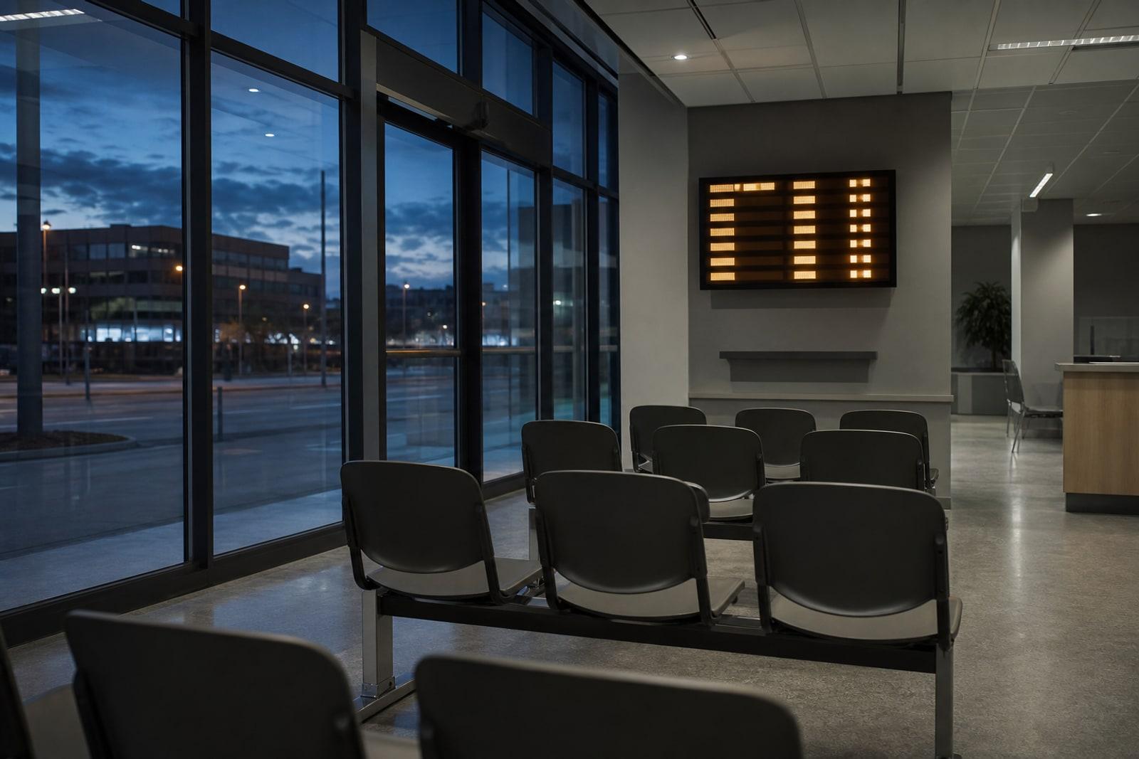 Empty rows of chairs in a public employment-office waiting area beneath a glowing digital queue-number display at dusk.