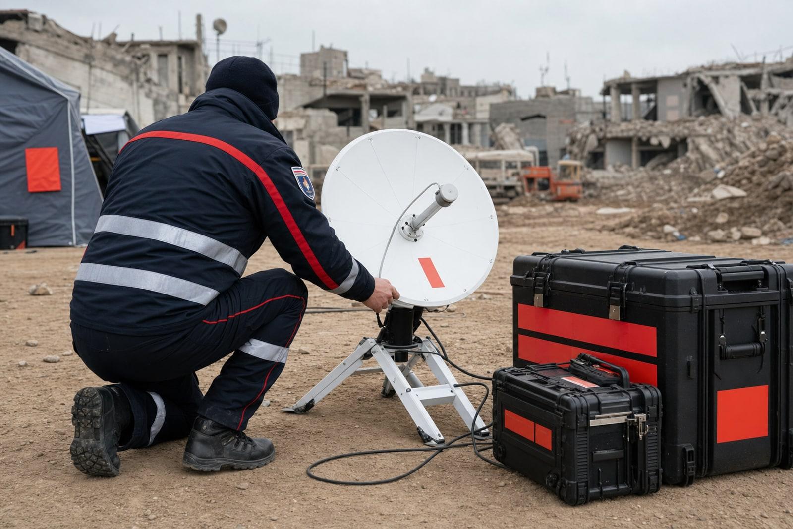 A rescue worker in a dark-blue uniform sets up a portable satellite dish beside rugged equipment cases at an earthquake relief staging area.