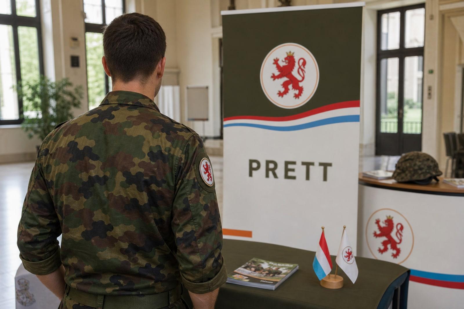 A soldier in olive-green Luxembourg Army camouflage stands beside a 'PRETT' recruitment banner in red, white and light blue at an information stand.