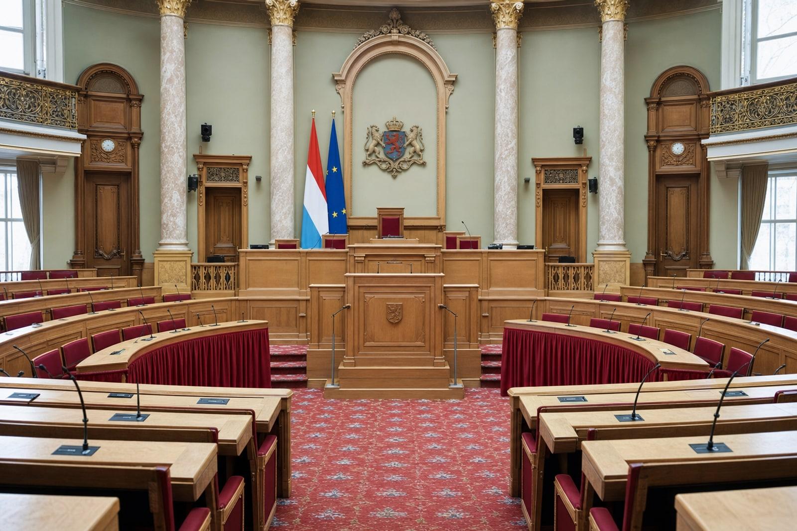 The empty semicircular debating chamber of Luxembourg's Chamber of Deputies, with pale-wood desks and national and EU flags behind the rostrum.