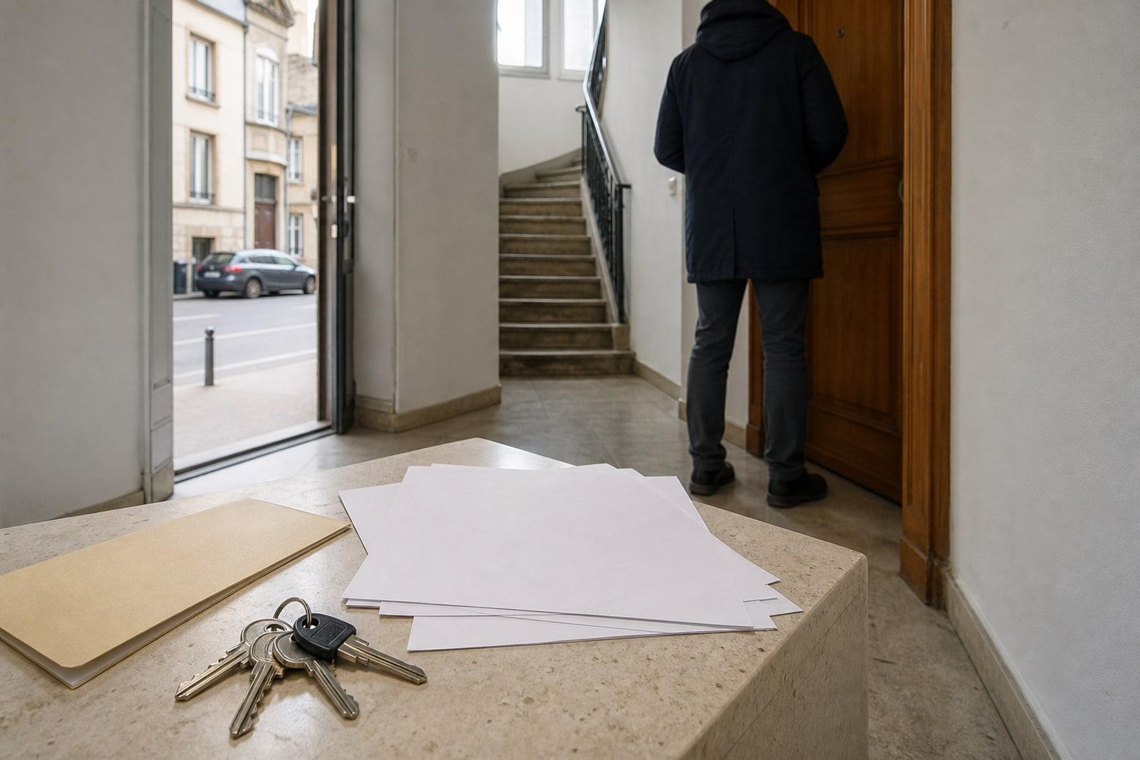 Blank paperwork and a plain envelope sit on a lobby table while an anonymous person stands near the doorway of a Luxembourg building.