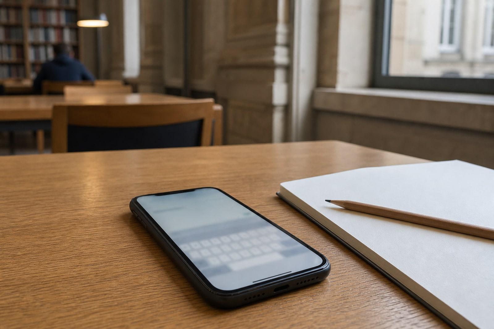 An unbranded smartphone with a blurred keyboard on a wooden table in a quiet public reading room.
