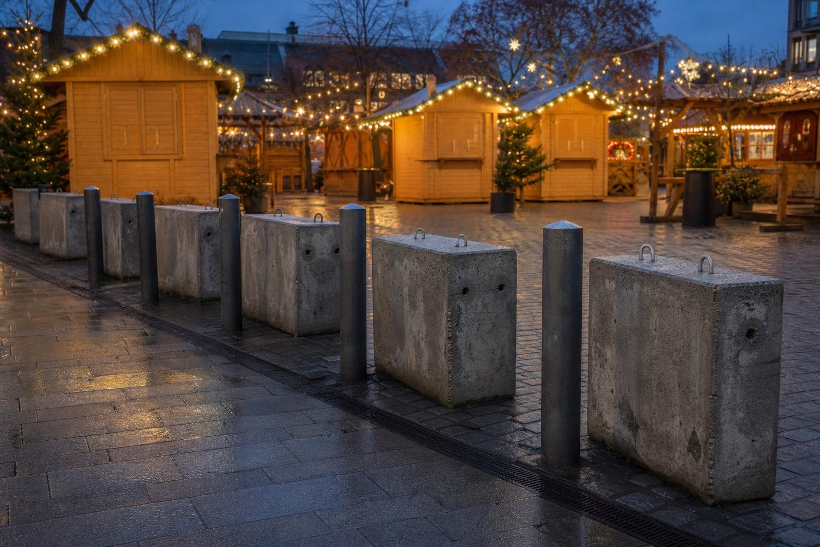 Concrete anti-vehicle barriers and steel bollards guarding the entrance to a German Christmas market with illuminated wooden stalls behind